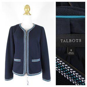 Talbots Navy Braid Trim Full Zip Blazer Jacket 8 Formal Career